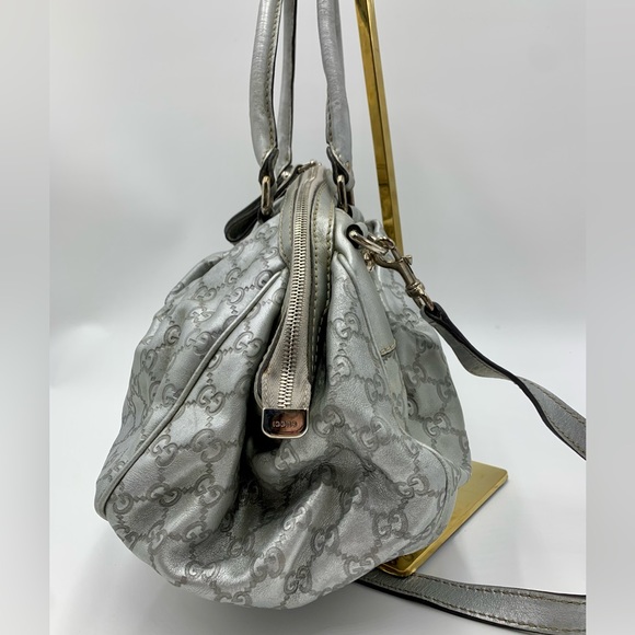 Auth Gucci Silver Gray Metallic Guccisima Leather Convertible Sukey Bowler Bag - Picture 13 of 16